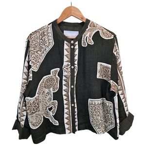 Dorothy Schoelen Platinum Linen Animal Print Top Sz Large Green Earthy Antelope